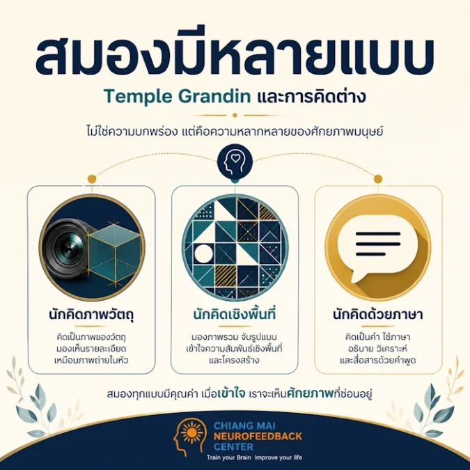 อินโฟกราฟิก "สมองมีหลายแบบ" อธิบายรูปแบบการคิดสามแบบตามแนวคิดของ Temple Grandin ได้แก่ นักคิดภาพวัตถุ นักคิดเชิงพื้นที่ และนักคิดด้วยภาษา