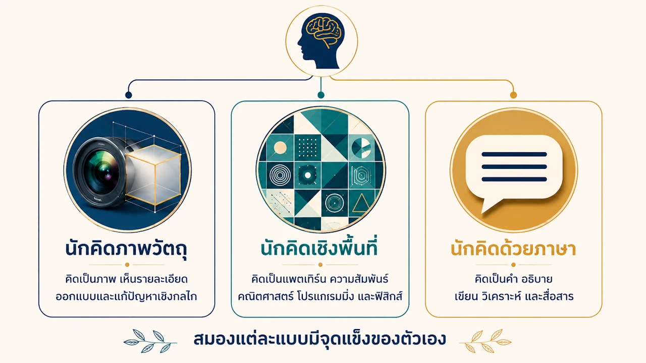 แผนภาพรูปแบบการคิดสามแบบ นักคิดภาพวัตถุ นักคิดเชิงพื้นที่ และนักคิดด้วยภาษา