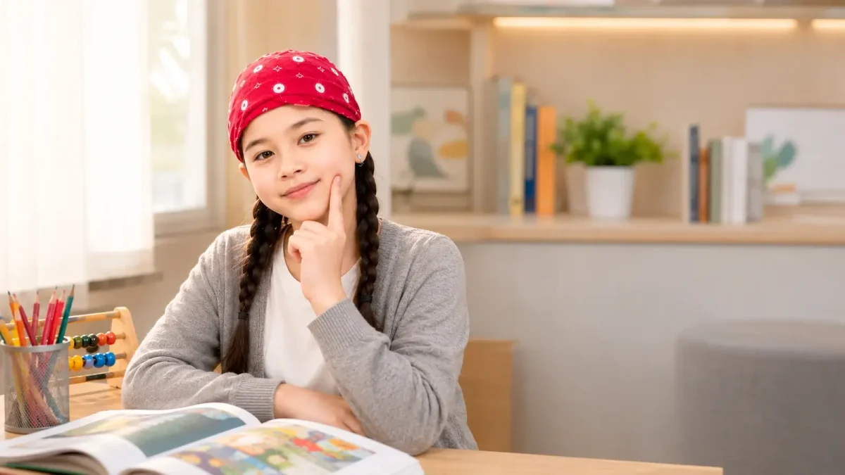 A bright, thoughtful girl with dyslexia sitting at a desk with books and learning materials at Chiang Mai Neurofeedback Center