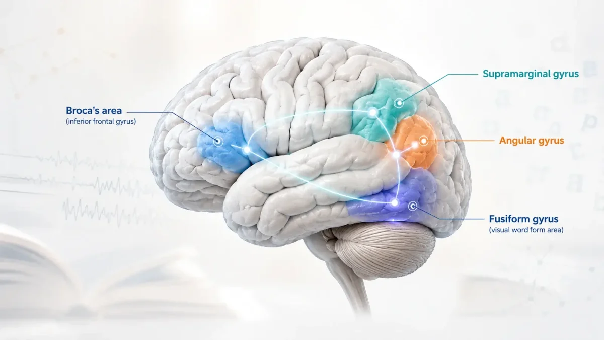 Diagram of the left-hemisphere reading network involved in dyslexia, showing Broca's area, supramarginal gyrus, angular gyrus, and fusiform gyrus
