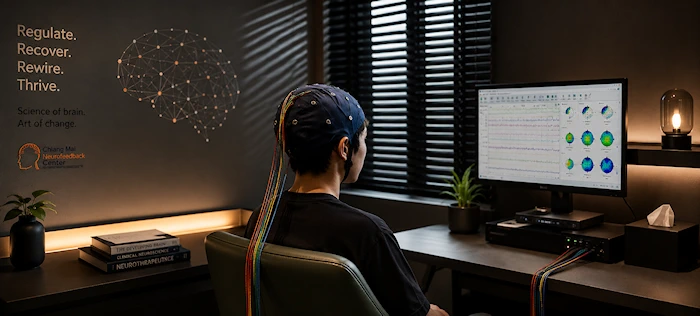 Neurofeedback brain regulation session using EEG monitoring and NeuroGuide analysis at Chiang Mai Neurofeedback Center.
