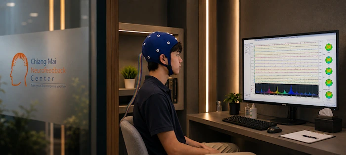 Young adult wearing a realistic EEG electrocap during a QEEG-informed neurofeedback assessment, with NeuroGuide EEG traces and brain maps displayed on a clinical monitor.