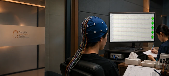 QEEG Brain Mapping assessment for trauma-related brain regulation using NeuroGuide EEG analysis and an EEG electrocap.