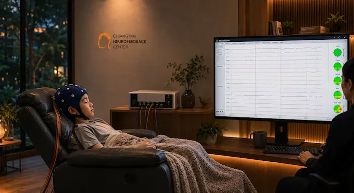 Neurofeedback training session with QEEG monitoring at Chiang Mai Neurofeedback Center