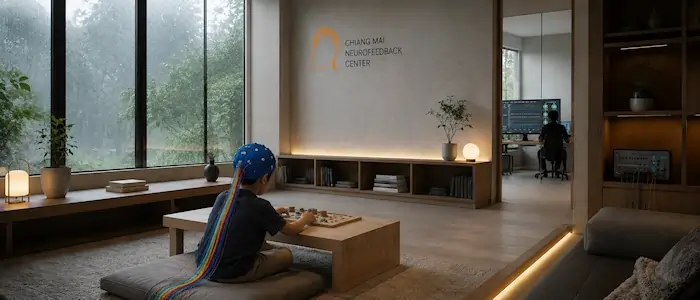 Child participating in a sensory-regulation neurofeedback session using a realistic EEG electrocap and NeuroGuide QEEG monitoring at Chiang Mai Neurofeedback Center.