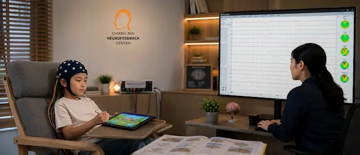 Child undergoing QEEG brain mapping and neurofeedback assessment for speech development and attention regulation at Chiang Mai Neurofeedback Center.