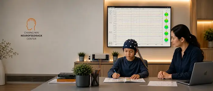 Child undergoing QEEG brain mapping and neurofeedback assessment for speech development, attention regulation, and cognitive processing in Chiang Mai Neurofeedback Center.