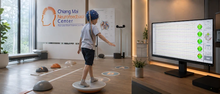 Child wearing an EEG electrocap during balance and sensorimotor regulation training with QEEG monitoring at Chiang Mai Neurofeedback Center.