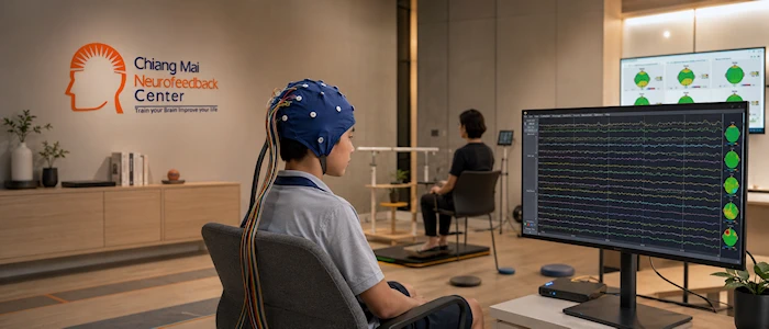 Child wearing an EEG electrocap during a neurofeedback-supported balance and cognitive regulation session at Chiang Mai Neurofeedback Center, with a clinician and NeuroGuide monitoring in a modern neuroscience clinic.