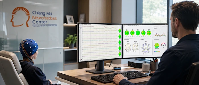 QEEG Brain Mapping analysis session using NeuroGuide EEG traces and brain connectivity maps at Chiang Mai Neurofeedback Center.