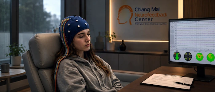 Teenager wearing an EEG electrocap during QEEG assessment for sensory overload, cognitive fatigue, attentional regulation, and balance-related neurophysiological patterns at Chiang Mai Neurofeedback Center.
