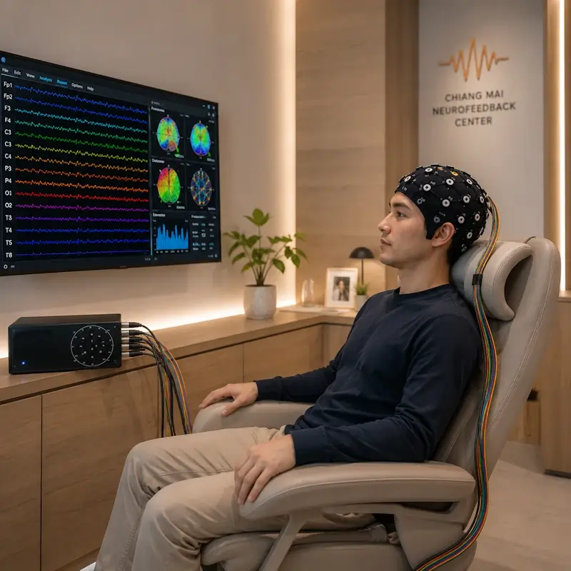 Modern neurofeedback training session using QEEG brain mapping, BrainMaster amplifier, and NeuroGuide EEG monitoring in a premium neuroscience clinic in Chiang Mai.