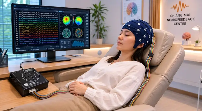 QEEG neurofeedback session with EEG cap, BrainMaster amplifier, and NeuroGuide software at Chiang Mai Neurofeedback Center.