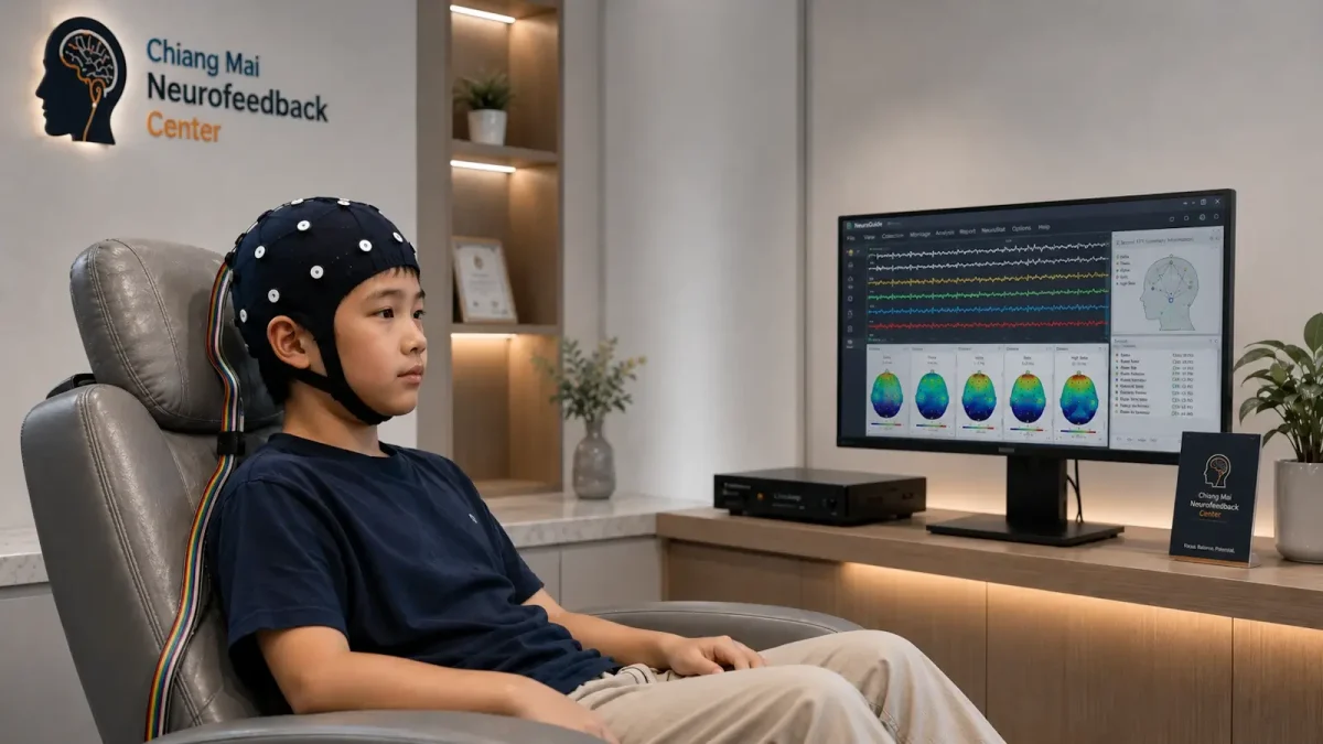 Child undergoing QEEG brain mapping and neurofeedback training at Chiang Mai Neurofeedback Center using a 19-channel EEG electrocap