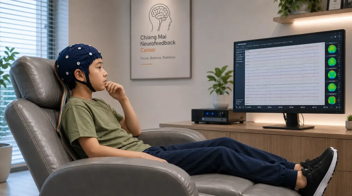 Child undergoing QEEG brain mapping and neurofeedback training at Chiang Mai Neurofeedback Center using a 19-channel EEG electrocap