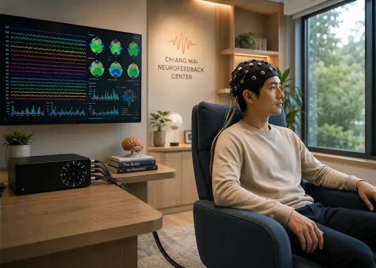Neurofeedback training session focused on attention, cognitive regulation, and brain performance in a premium QEEG clinic.