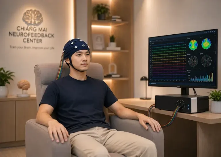 Adult male receiving neurofeedback training with a 19-channel EEG electrocap and QEEG brain mapping monitor at Chiang Mai Neurofeedback Center