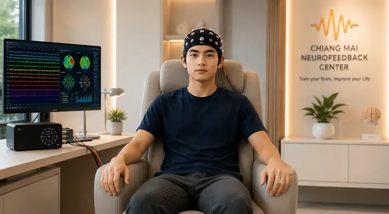Modern QEEG neurofeedback training session in Chiang Mai clinic.