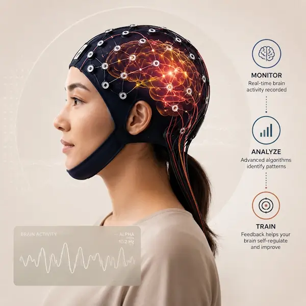 Profile view of a woman wearing a 19-channel EEG electrocap during neurofeedback and QEEG brain activity monitoring in a modern neuroscience clinic
