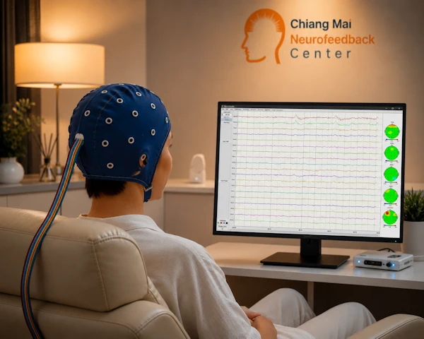 Client wearing an EEG cap during QEEG-guided neurofeedback for insomnia and sleep regulation in Chiang Mai