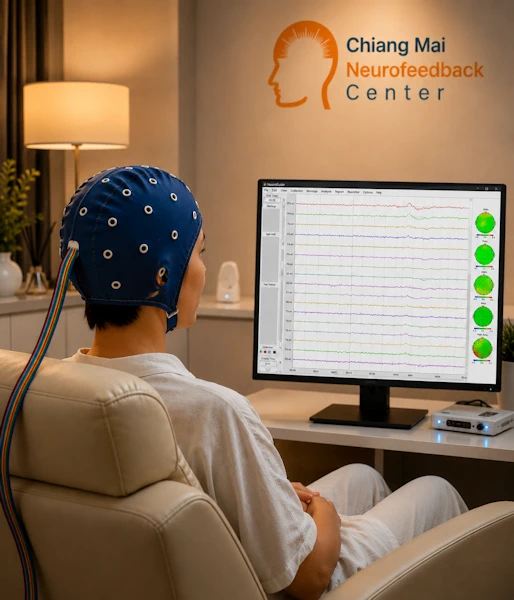 Client wearing an EEG cap during QEEG-guided neurofeedback for insomnia and sleep regulation in Chiang Mai