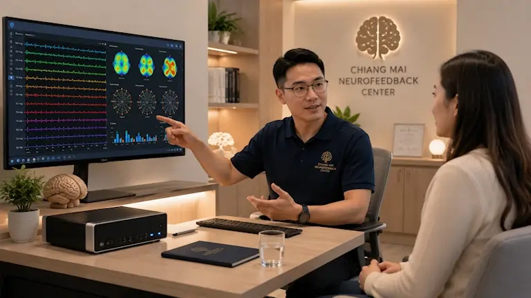 Clinician explaining QEEG brain mapping and neurofeedback results to a client in a modern neuroscience clinic consultation room
