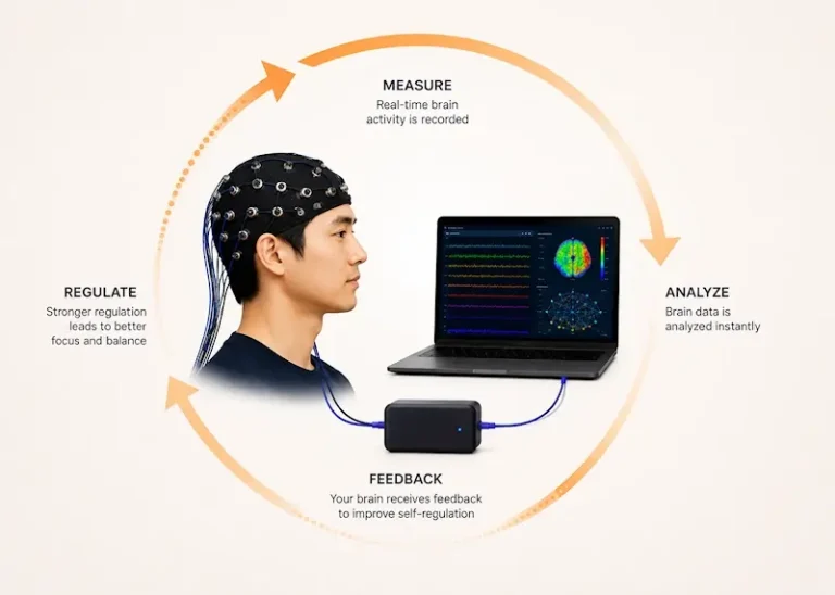Modern neurofeedback self-regulation process showing EEG brain activity measurement, QEEG analysis, and real-time feedback training with a 19-channel electrocap