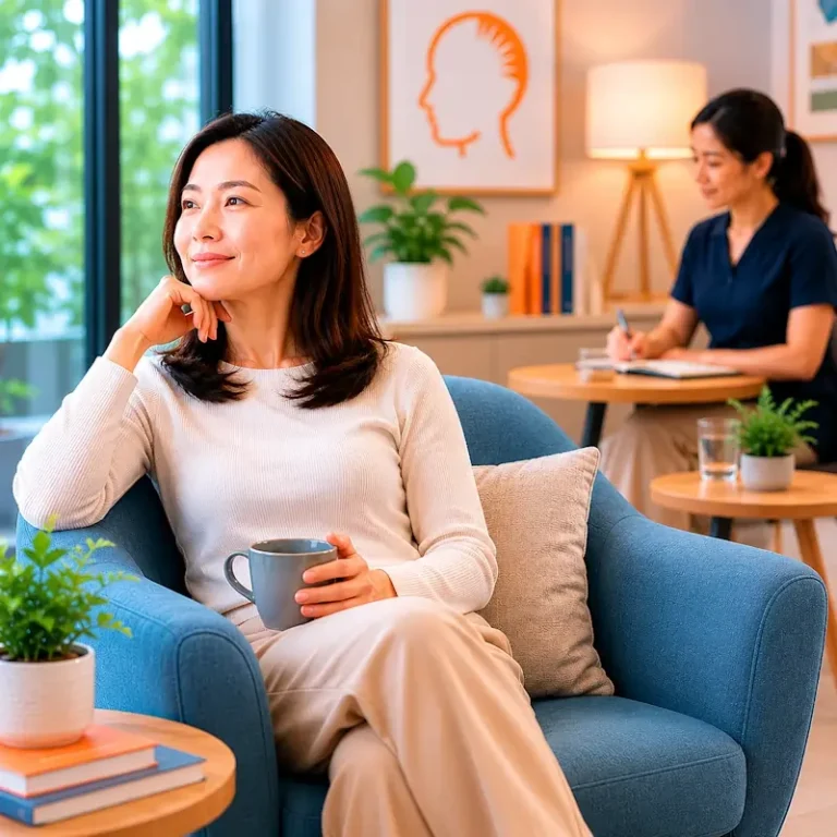 Client sitting calmly in a neurofeedback clinic after consultation for sleep regulation support