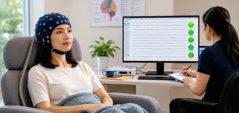 Client wearing an EEG cap during QEEG neurofeedback assessment for sleep-related brain regulation patterns