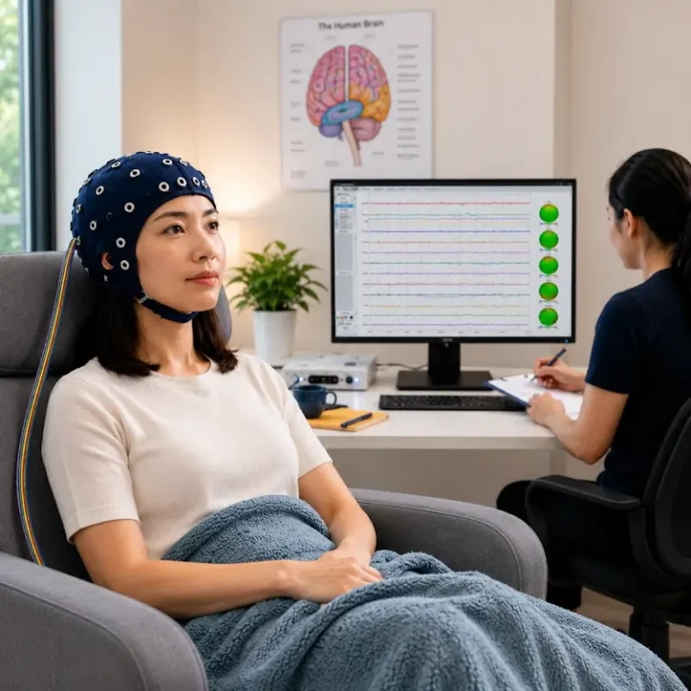 Client wearing an EEG cap during QEEG sleep regulation assessment in a neurofeedback clinic