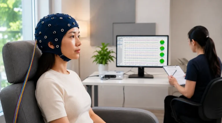 Female client wearing an EEG cap during neurofeedback assessment for sleep-related brain regulation patterns