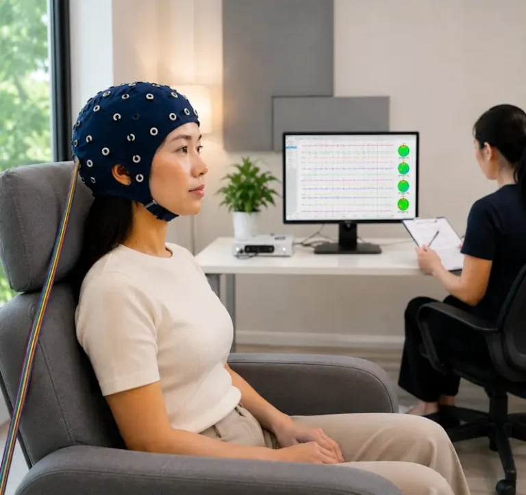 Female client wearing an EEG cap during neurofeedback assessment for sleep-related brain regulation patterns