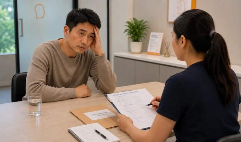 Client discussing sleep-related symptoms with a therapist during a consultation