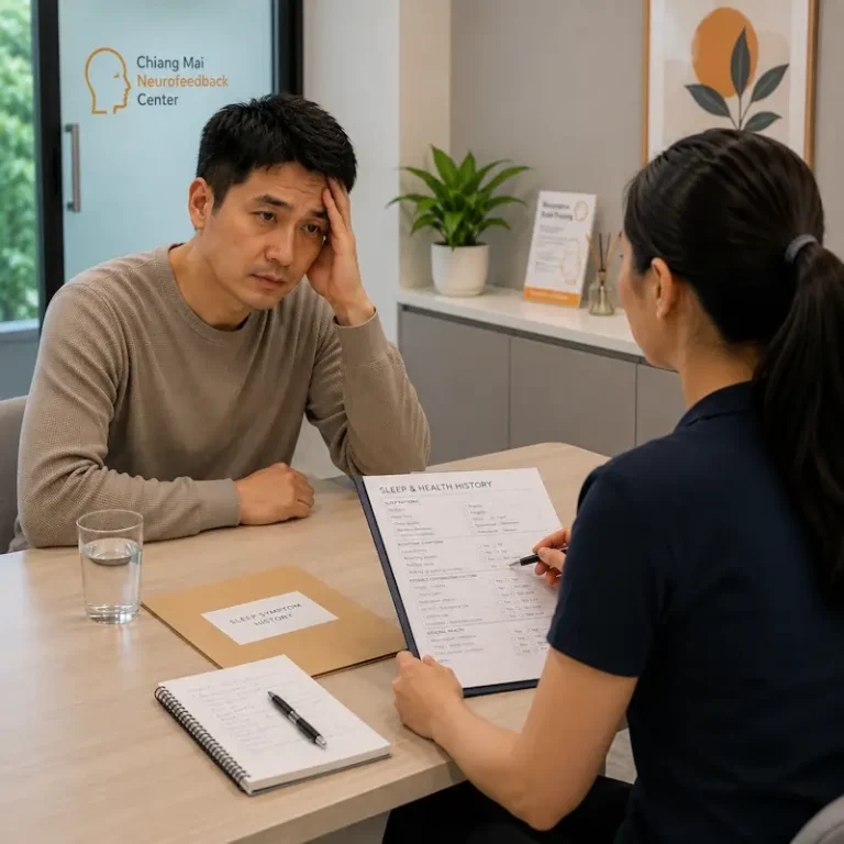Client discussing sleep-related symptoms with a therapist during a consultation